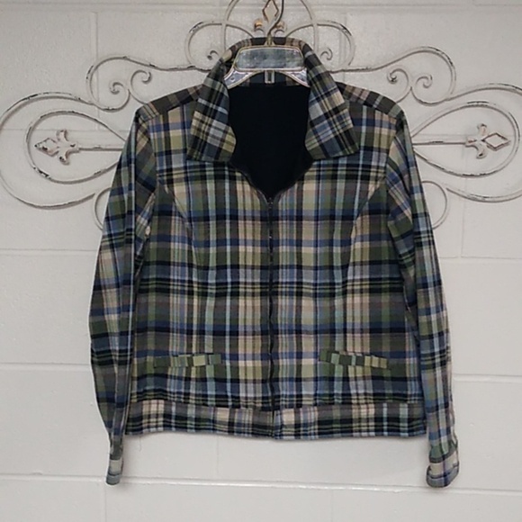 REVERSIBLE, PLAID TO NAVY, COLLARED, ZIP FRONT, JACKET - Picture 1 of 10